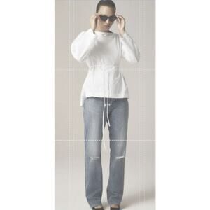 J.Crew Ciel Top Womens SZ S White Poplin Boatneck Side Button Waist Tie CI507 LS